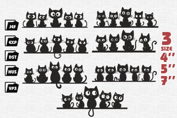 Set of 7 Funny Cat Embroidery